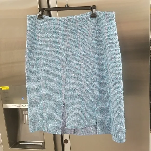💕ST. JOHN💕 Cotton Blend Confetti Tweed Boucle Metallic Knit Midi Skirt Blue 14 - Image 1