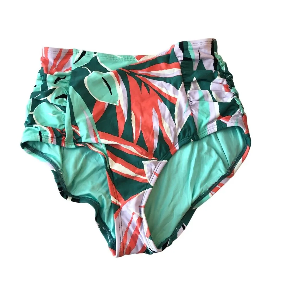 Anne Cole Zesty Tropical Side-Shirred High-Waist Bikini Bottom Floral Green L - Image 3