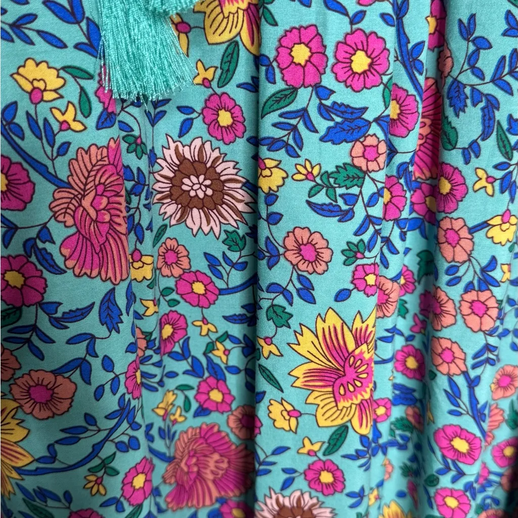 R.Vivimos Floral Long Sleeve Boho Print V Neck Tassel Bohemian Midi Size Medium Blue - Image 10