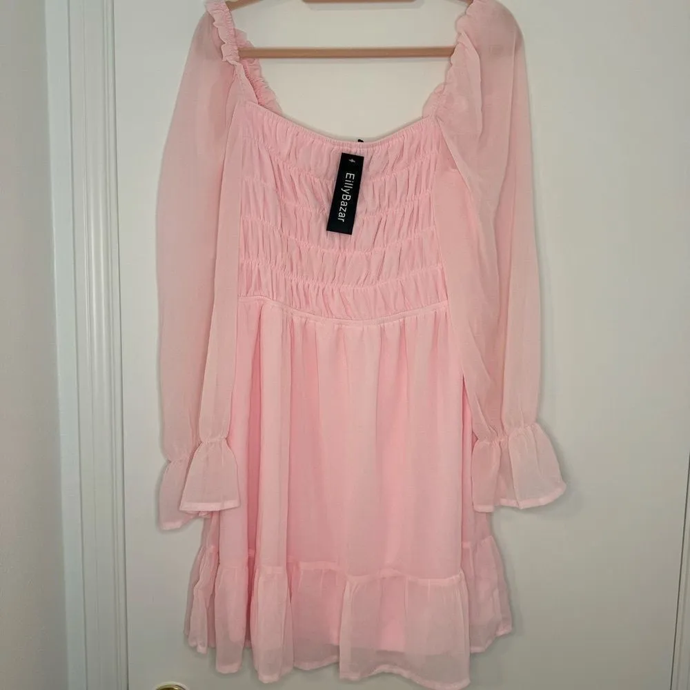 Eilly Bazar Baby Pink Shirred Flounce Sleeve Ruffle Hem Chiffon Dress Size L - Image 8