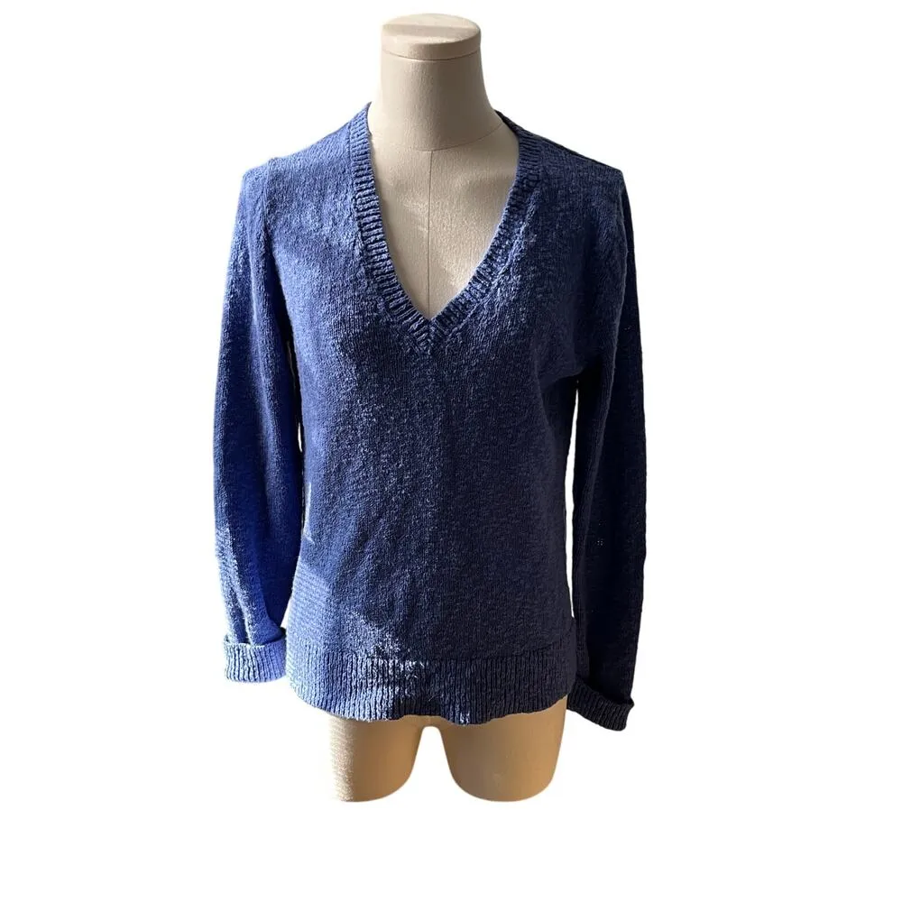 J.Crew Sweater‎ Small Blue 100% Cotton V Neck Textured Knit Long Sleeve Casual - Image 3