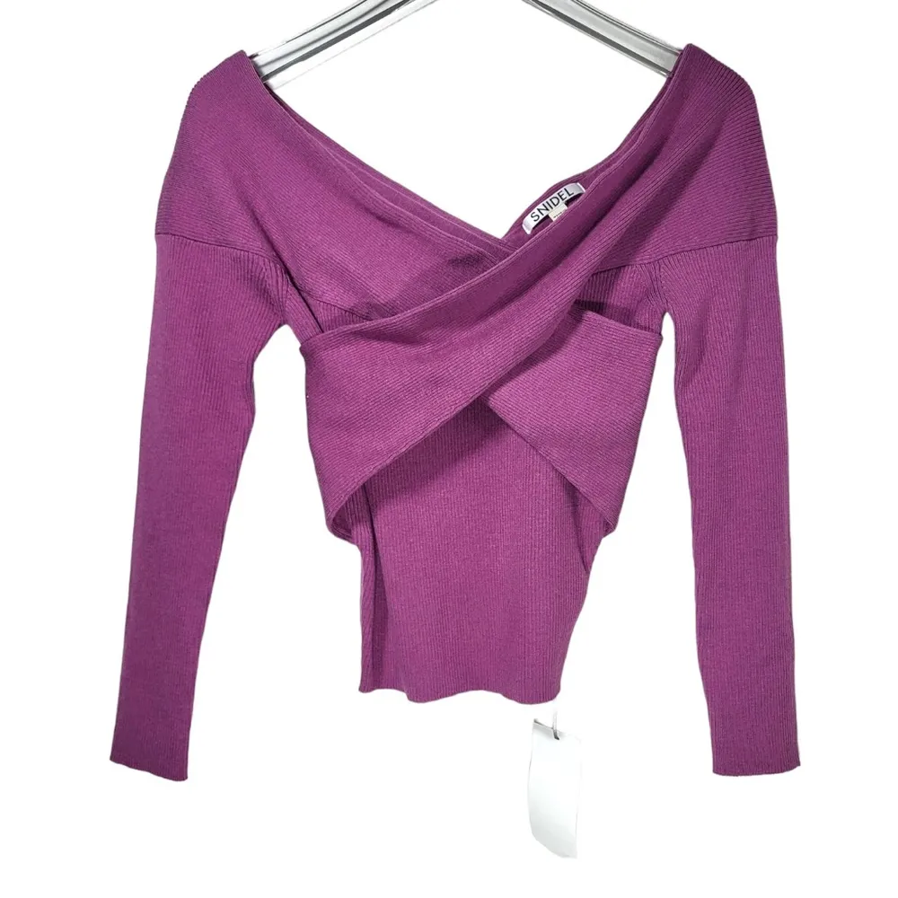 NWT Snidel Wool Blend Ribbed Knit Criss Cross Chest Pullover Sweater in Magenta - Image 8