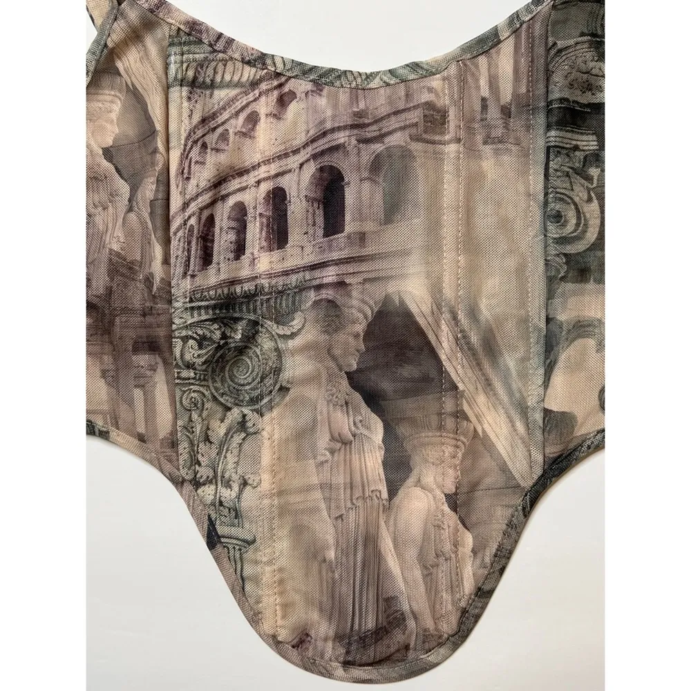 PrettyLittleThing Stone Renaissance Print Mesh Square Neck Dip Hem Corse… - Image 6