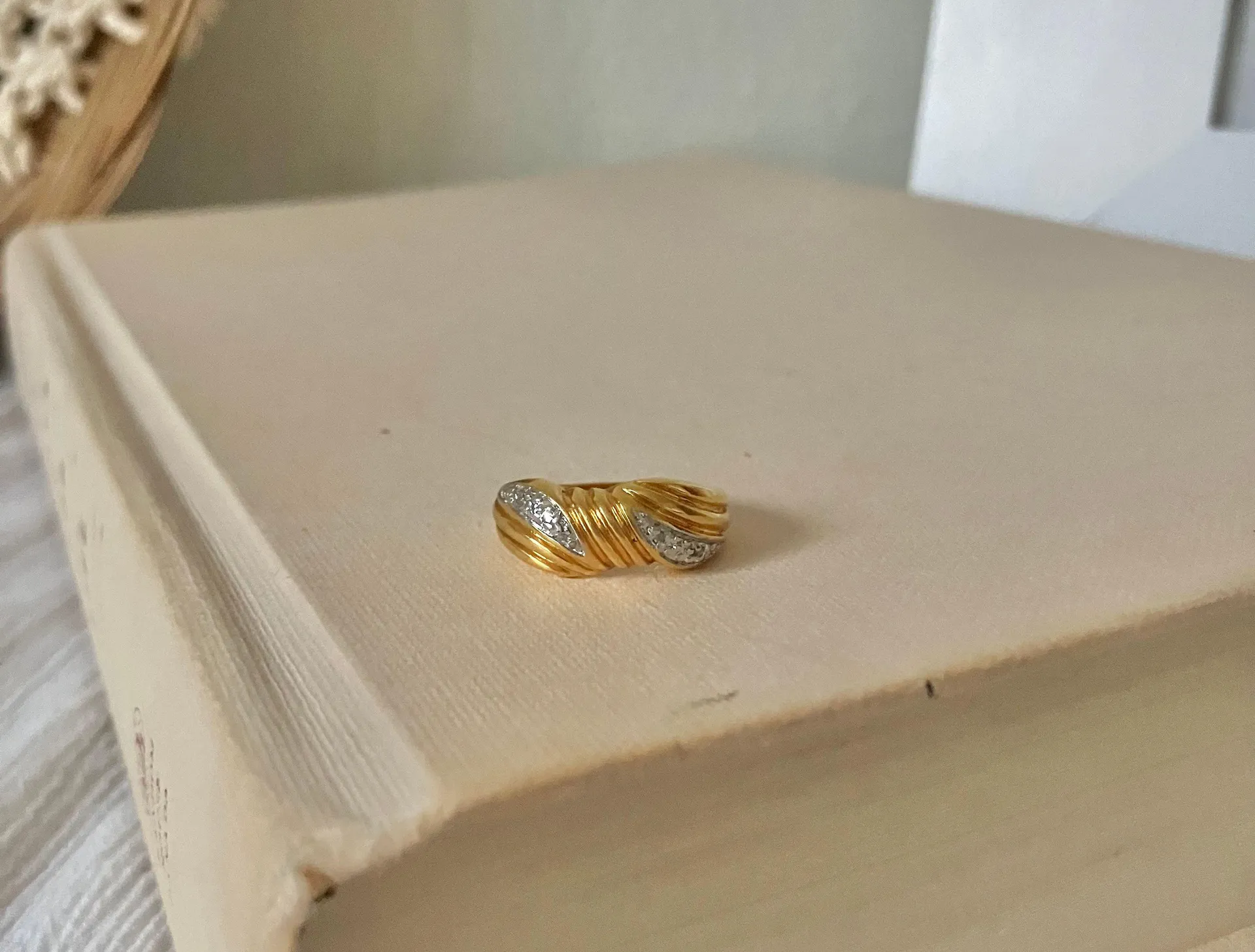 Ribbon Gold Silver Mixed Metal Pave Ring “Delores” Classic 90s Elegant Femme Jewelry - Image 4