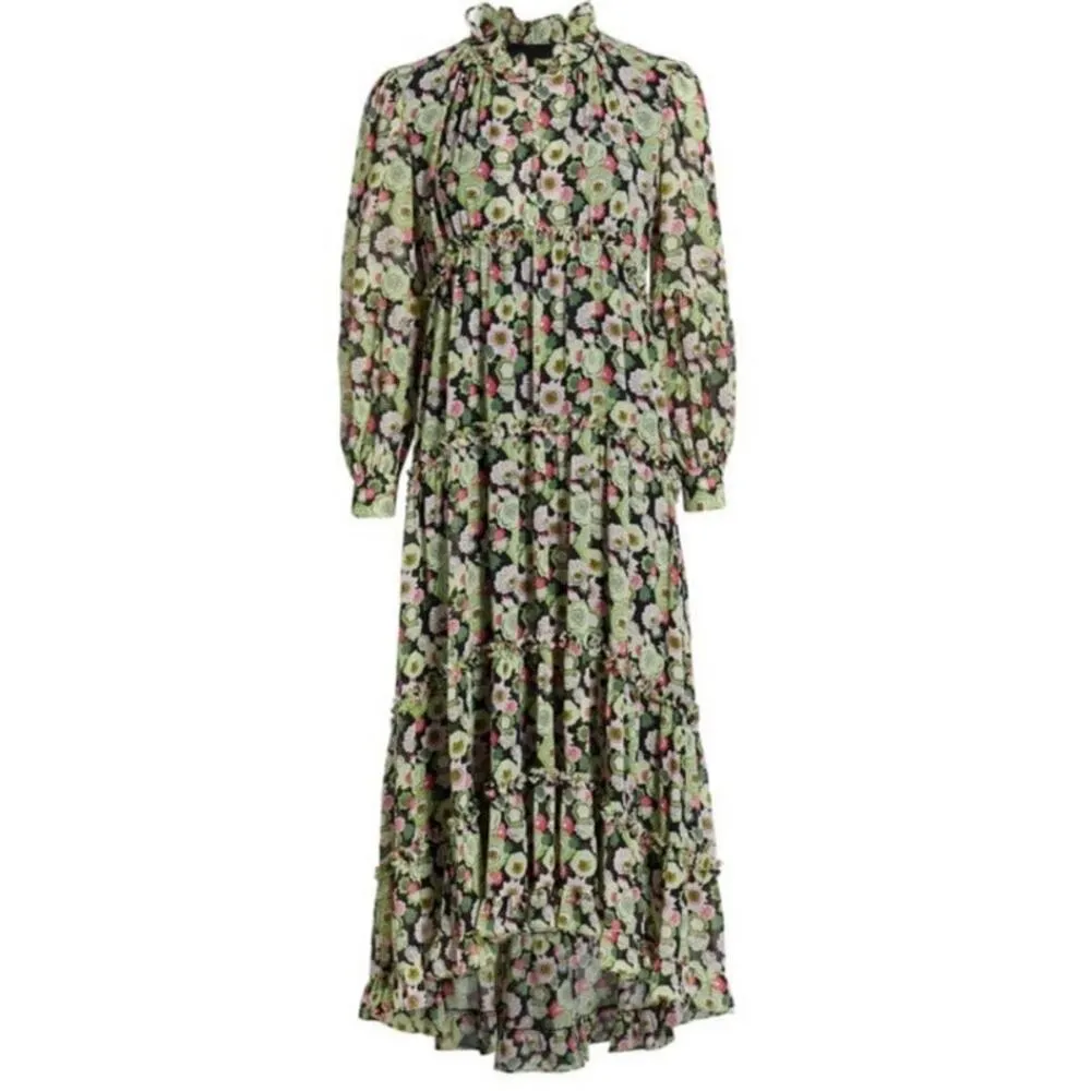 Cinq A Sept Lucille Tiered Ruffle Floral Midi Dress Abstract Green Prairie 0 NWT - Image 2