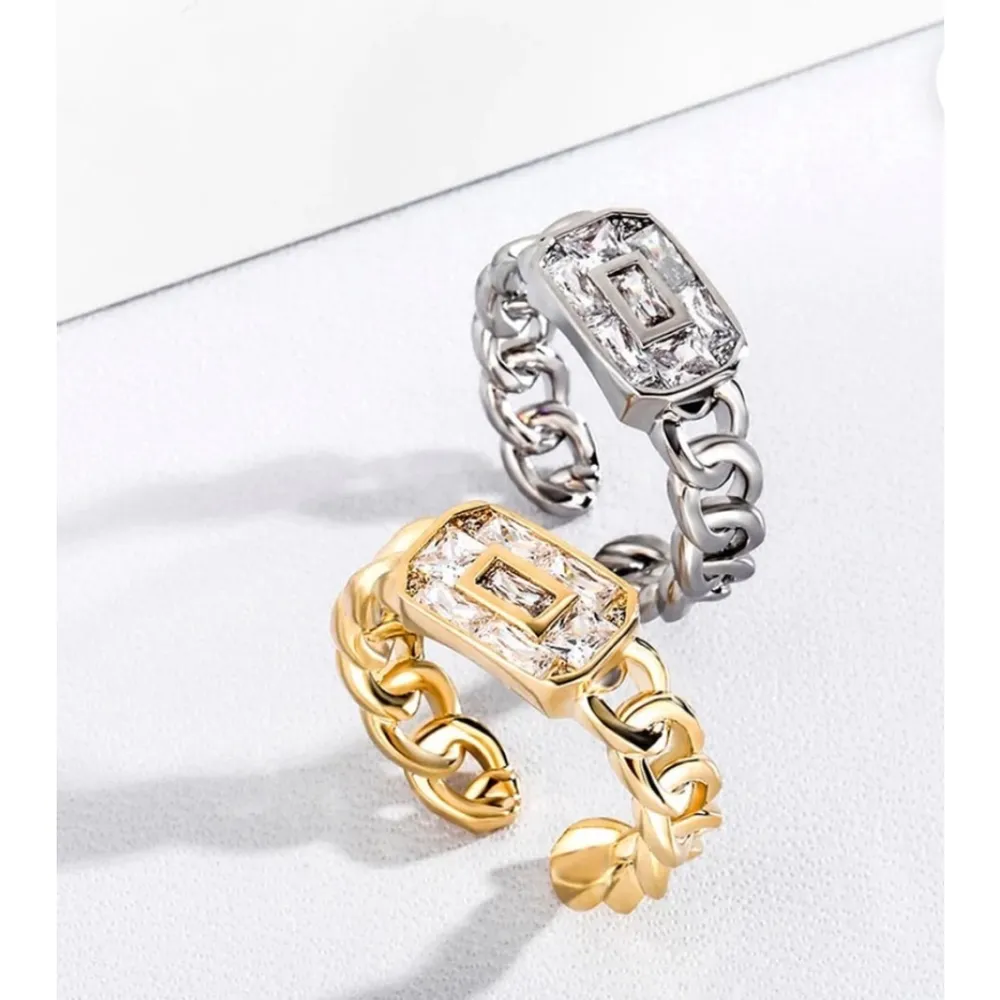 Unisex 14k Gold Filled Rectangle Diamond‎ Simulant Link Ring, Adjustable Open - Image 5