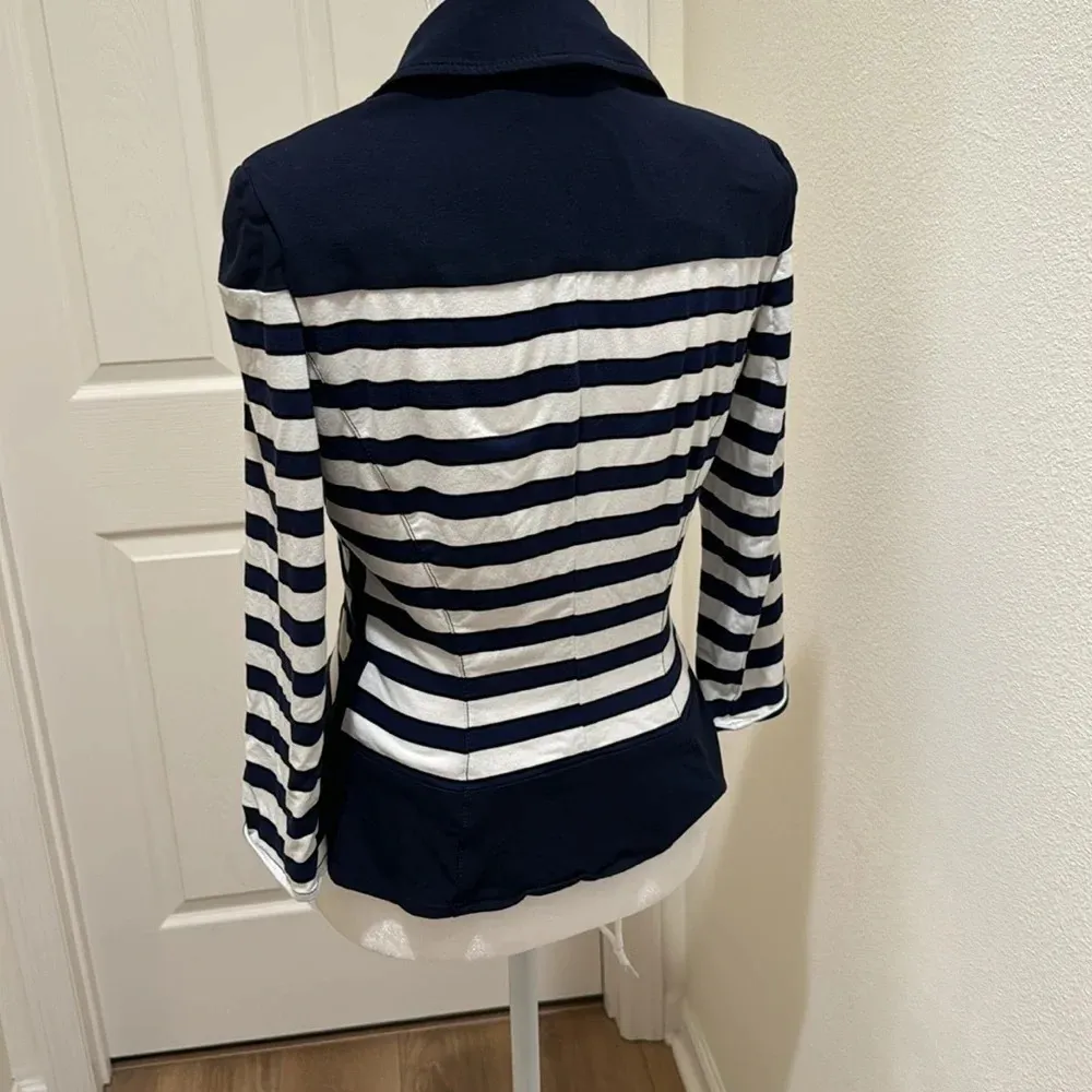 White House Black Market Navy White Stripe Stretch Jacket - Image 4
