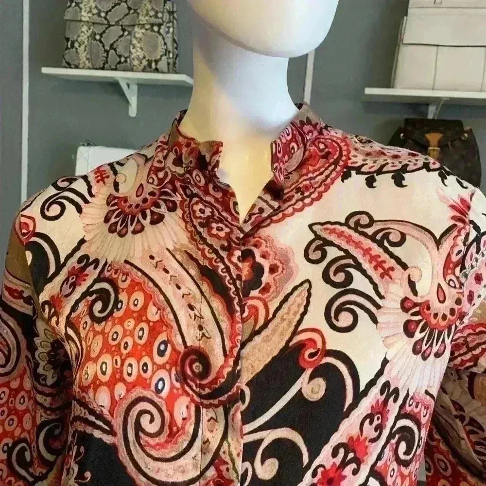 ZARA Tunic Red Paisley High Mock Neck Banded Collar Split Sides Size S - Image 4