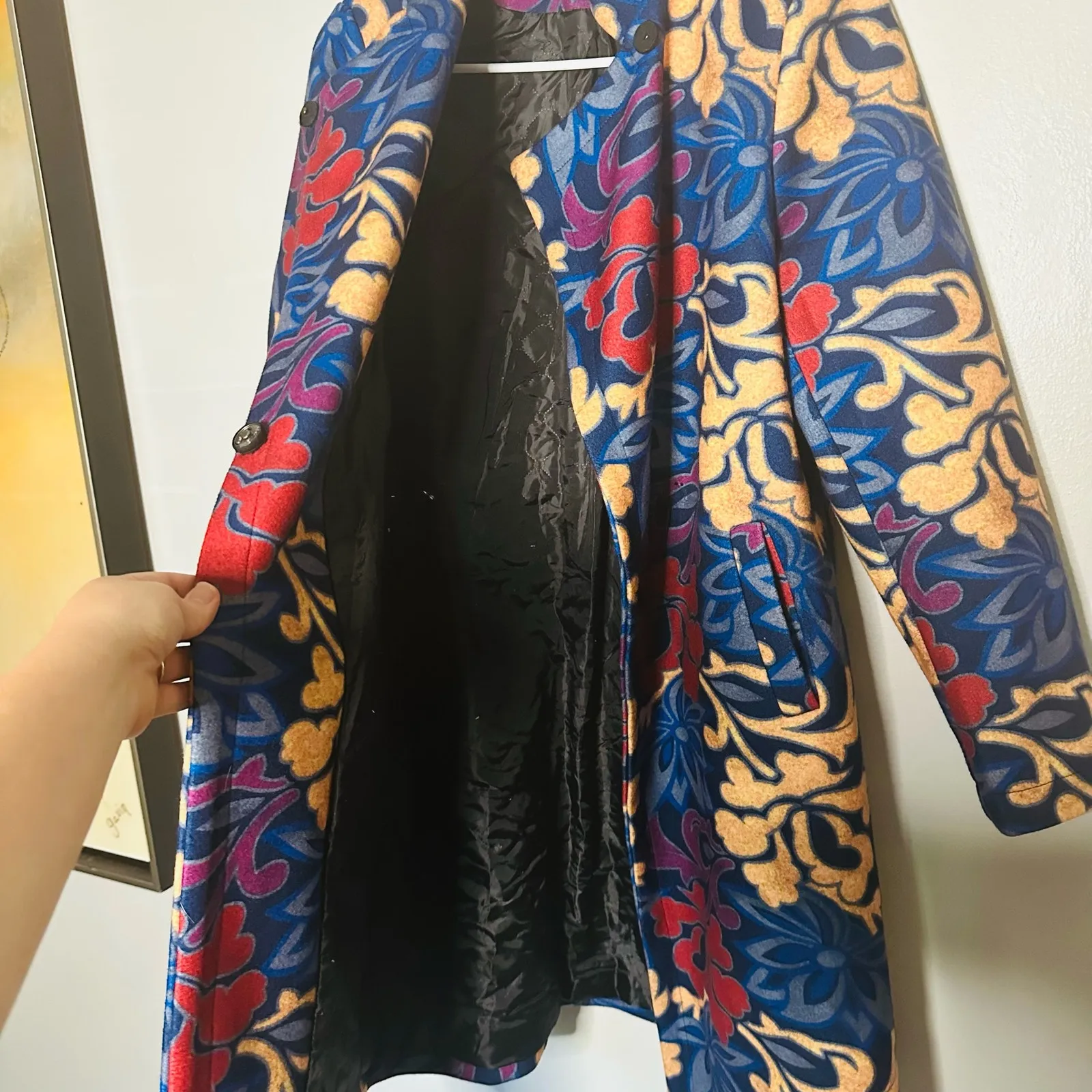 Vintage YaZhuang Floral Blue Tan Red Front Pocket Blazer Long Jacket Size Large - Image 13