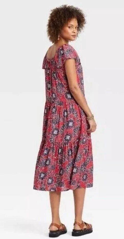 Knox Rose Tiered Midi Dress Sz XL Floral Red & Blue Boho Pockets Flutter Sleeve - Image 2