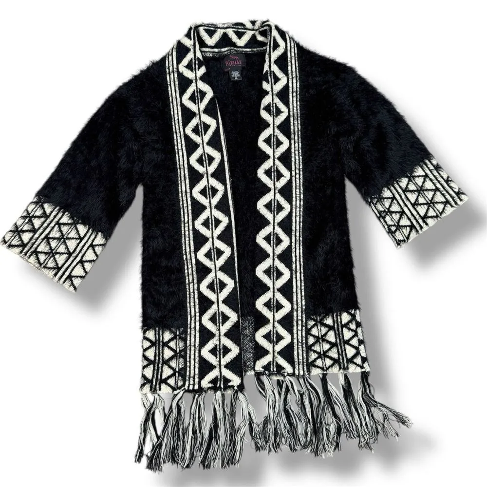 Kayla by Tally Taylor Fuzzy Knit Fringe Hem Boho Cardigan Sweater Black Small - Image 11