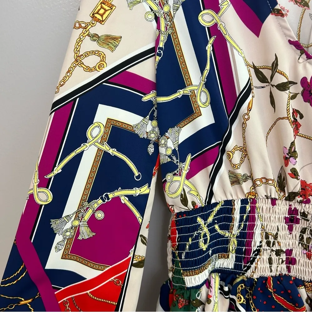 Aqua Chain Print Multi Color Floral Mixed Print Smocked Peplum Top Size XS - Image 9