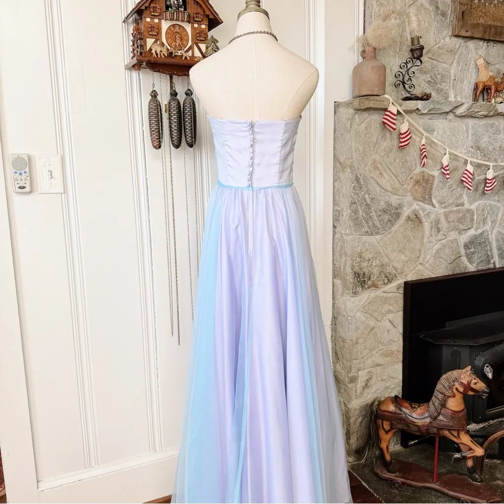 Vintage 90s Iridescent Pastel Strapless Gown Blue - Image 9
