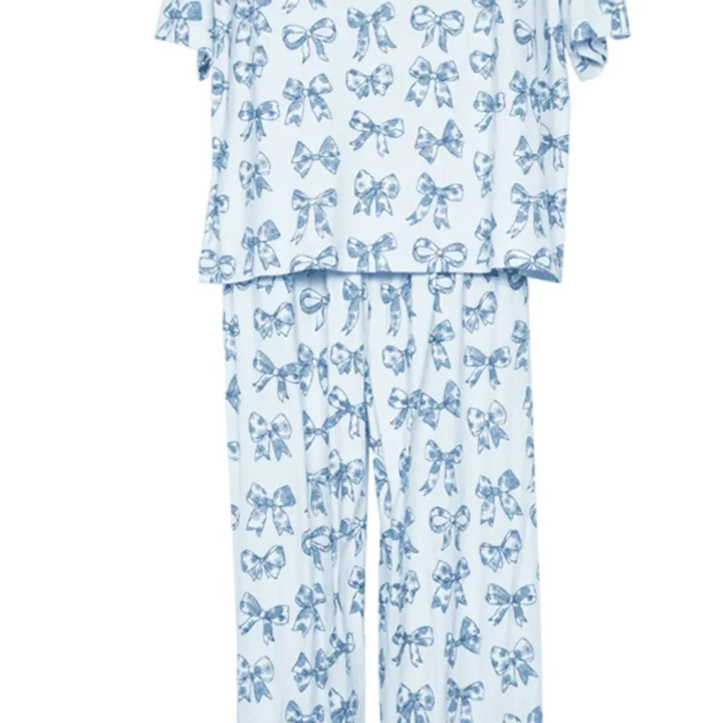LIGHT BLUE TOILE COQUETTE BOWS LOUNGE PANTS SET Size M - Image 2