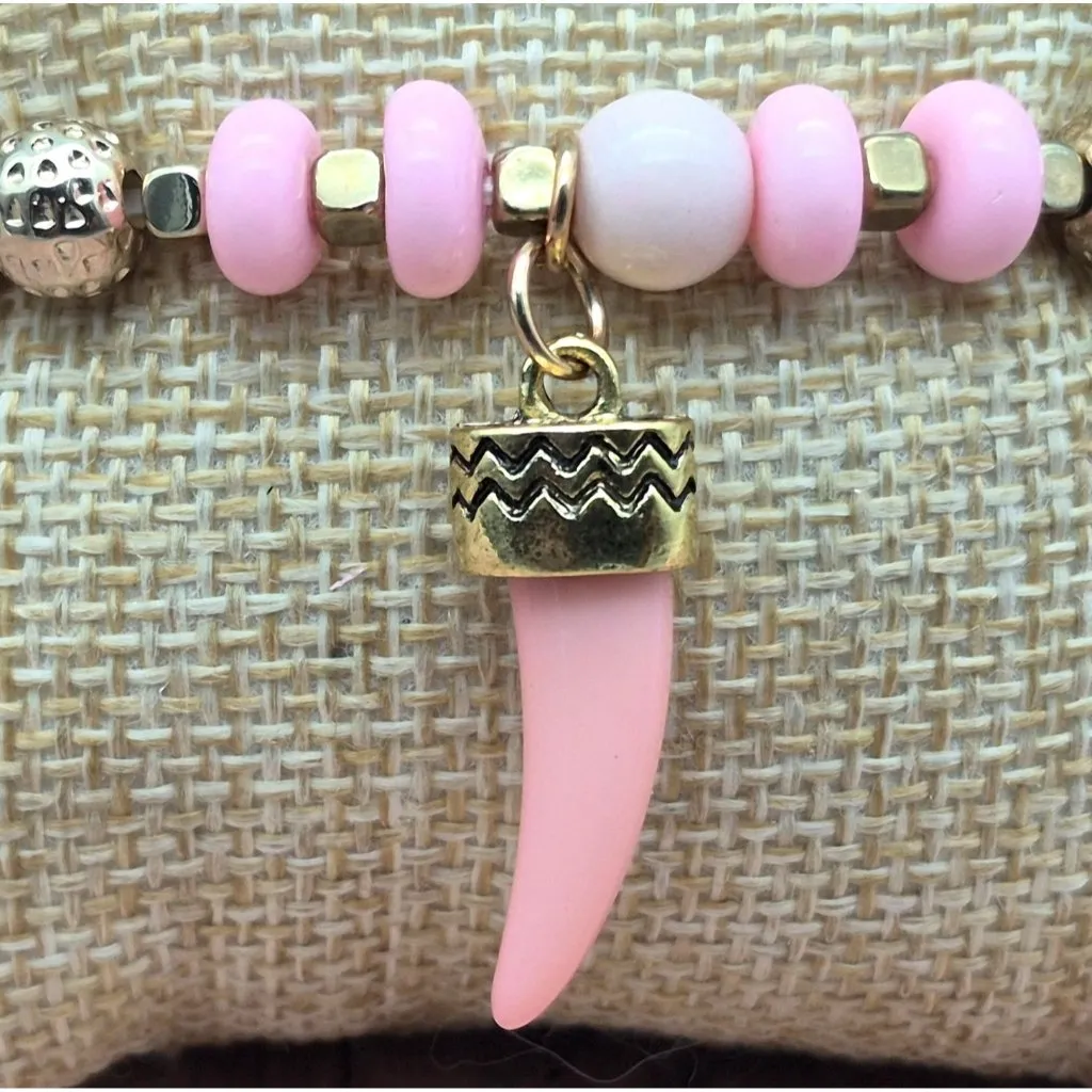 Lot of 2 Artisan Made Gold Tone & Pink Beaded Stretch Bracelet Shark Tooth Charm - Image 5
