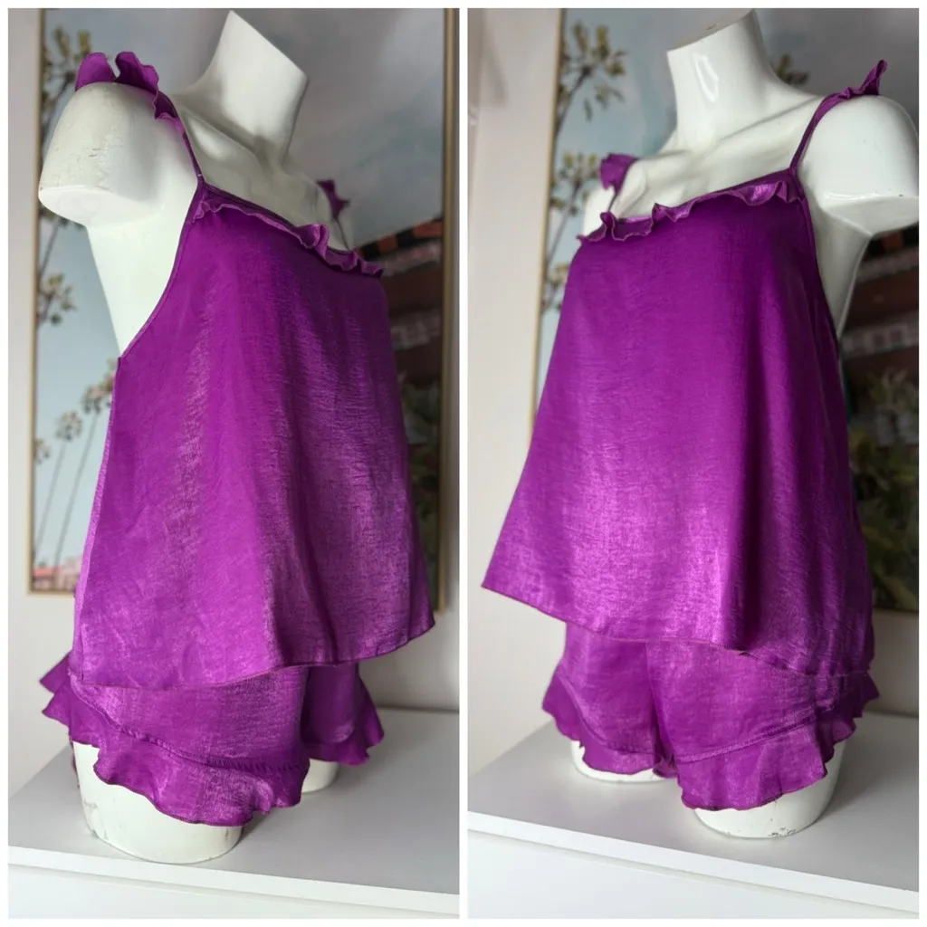 Secret Possessions Purple Satin Ruffle Top Shorts Lingerie PJ Set Size XL 14/16 - Image 3