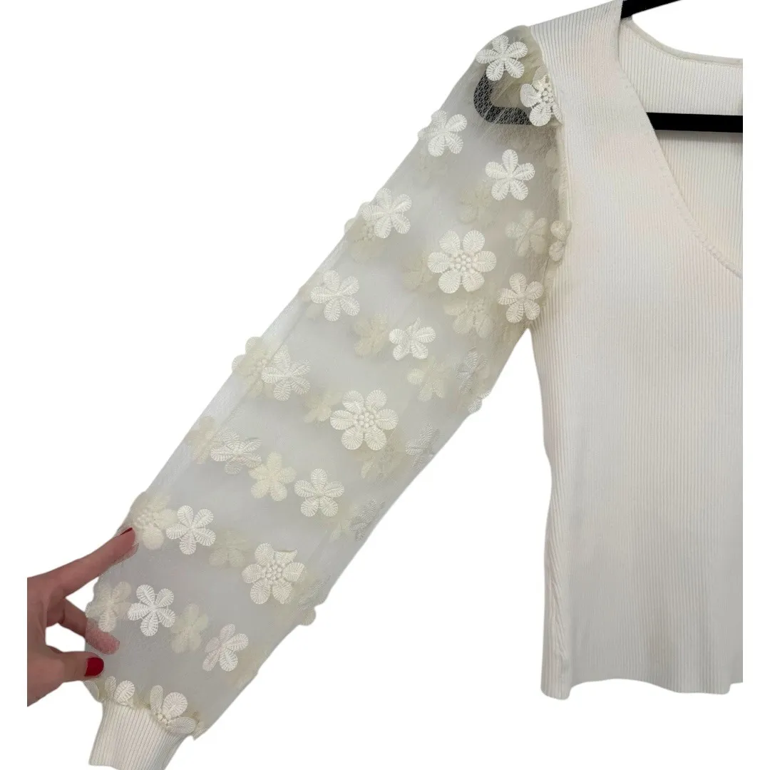 Anthropologie Dolan Sheer Sleeve Appliqué Sweater Top Cream Floral VNeck Size XS - Image 10