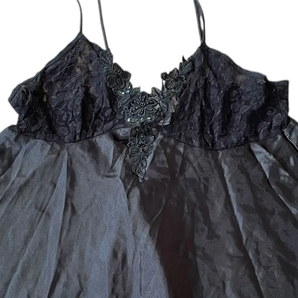 Inner Most Vintage 90s Black Goth Witchy Lace Beaded Lingerie Mini Slip Dress Size 1X - Image 2