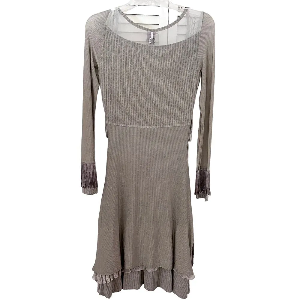 Save The Queen Long Sleeve Metallic Stripe Fringe Dress Greige Women's Small - Image 2