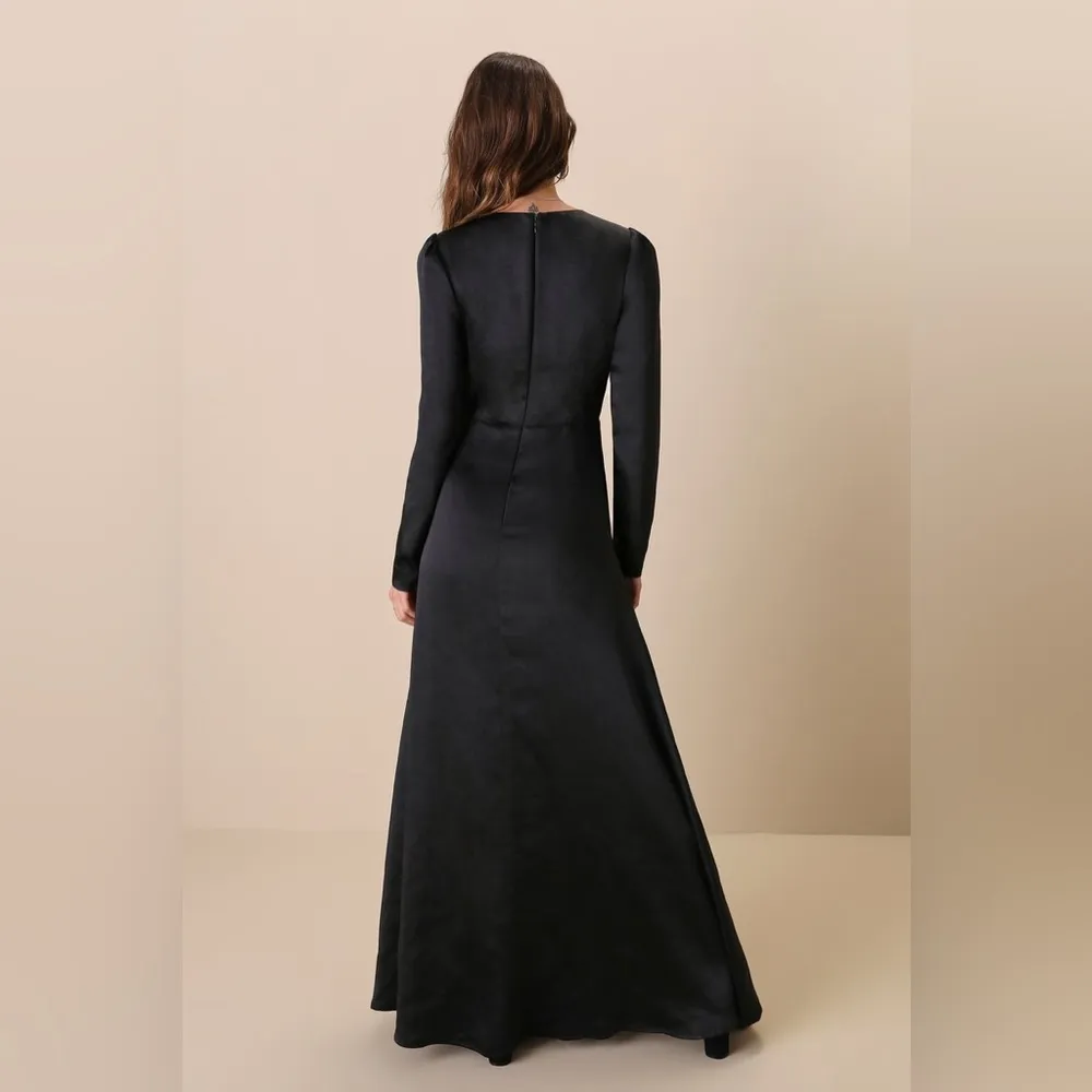 Lulus Endearing Elegance Black Satin Long Sleeve Maxi Dress Size XS - Image 2