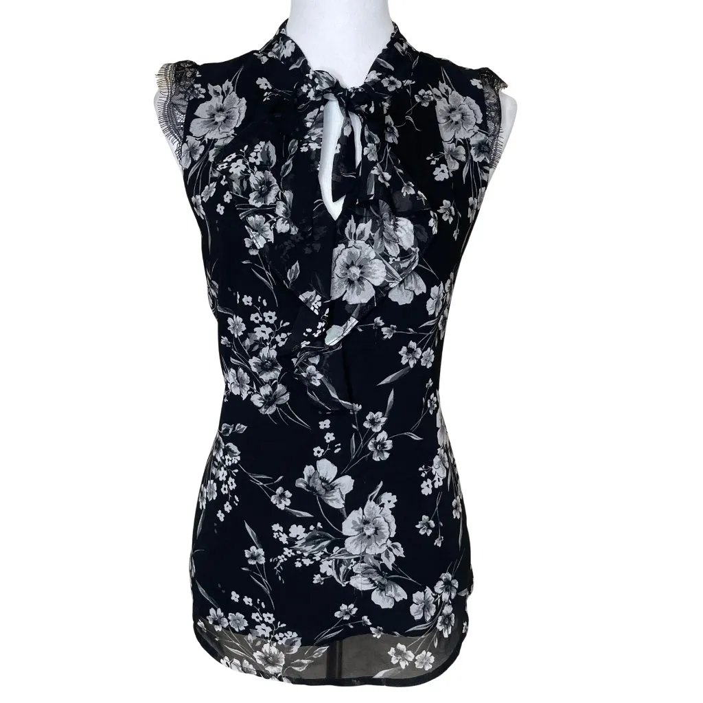 Black Floral Lace Cap Sleeve Tie Neck Lightweight Blouse Medium Career - Image 2