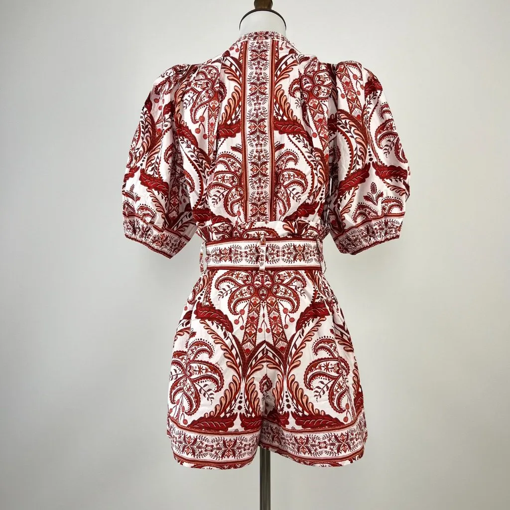 NWOT Farm Rio Tropical Cameo Belted Romper Size XS 100% Cotton Puff Sleeves - Image 10