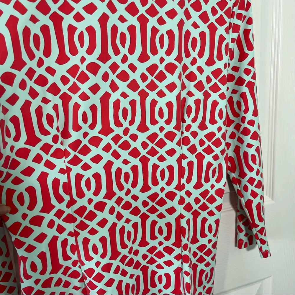 J. McLaughlin Catalina Cloth Tunic Top 3/4 Sleeves Size S Gold Buttons Pink Aqua - Image 6
