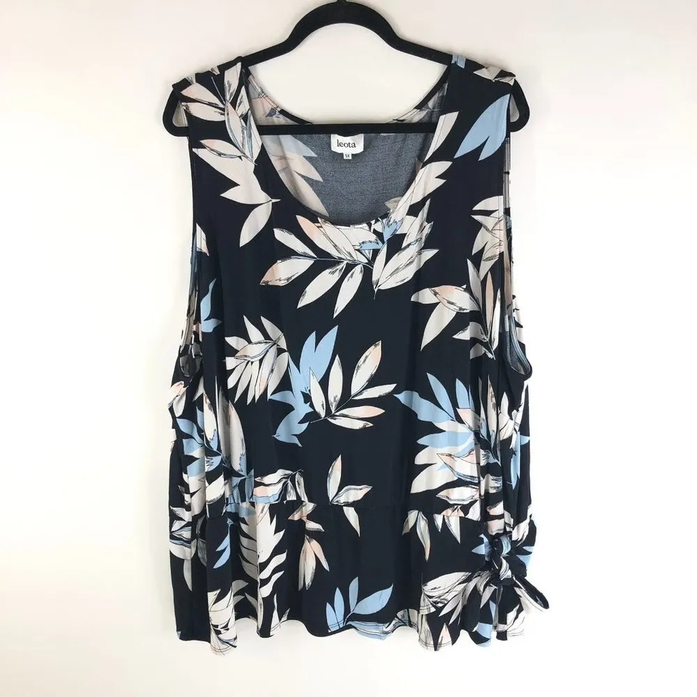 Leota Womens Helene Tie Hem Peplum Top Leaves Sleeveless Scoop Neck Black 5X - Image 3