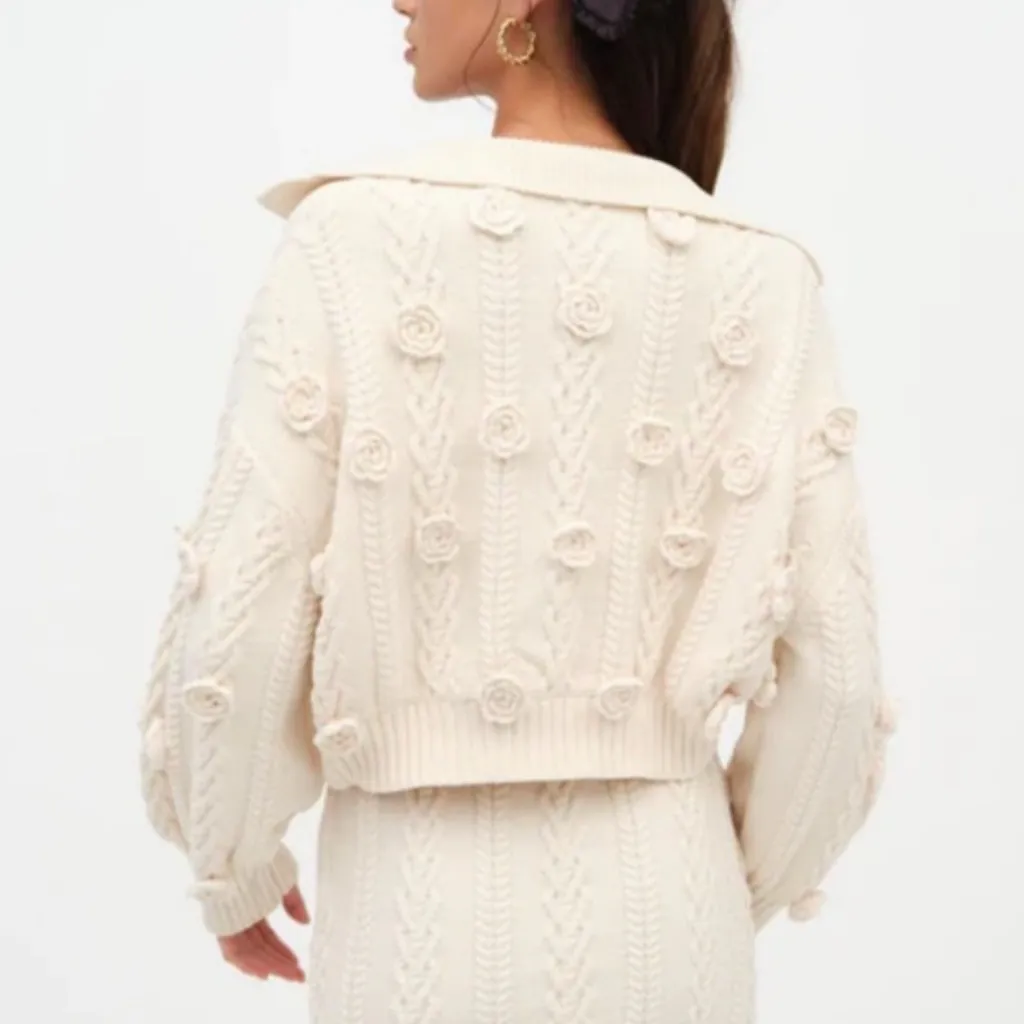 For love & lemons Mel henley cropped sweater crochet flowers ivory S - Image 2