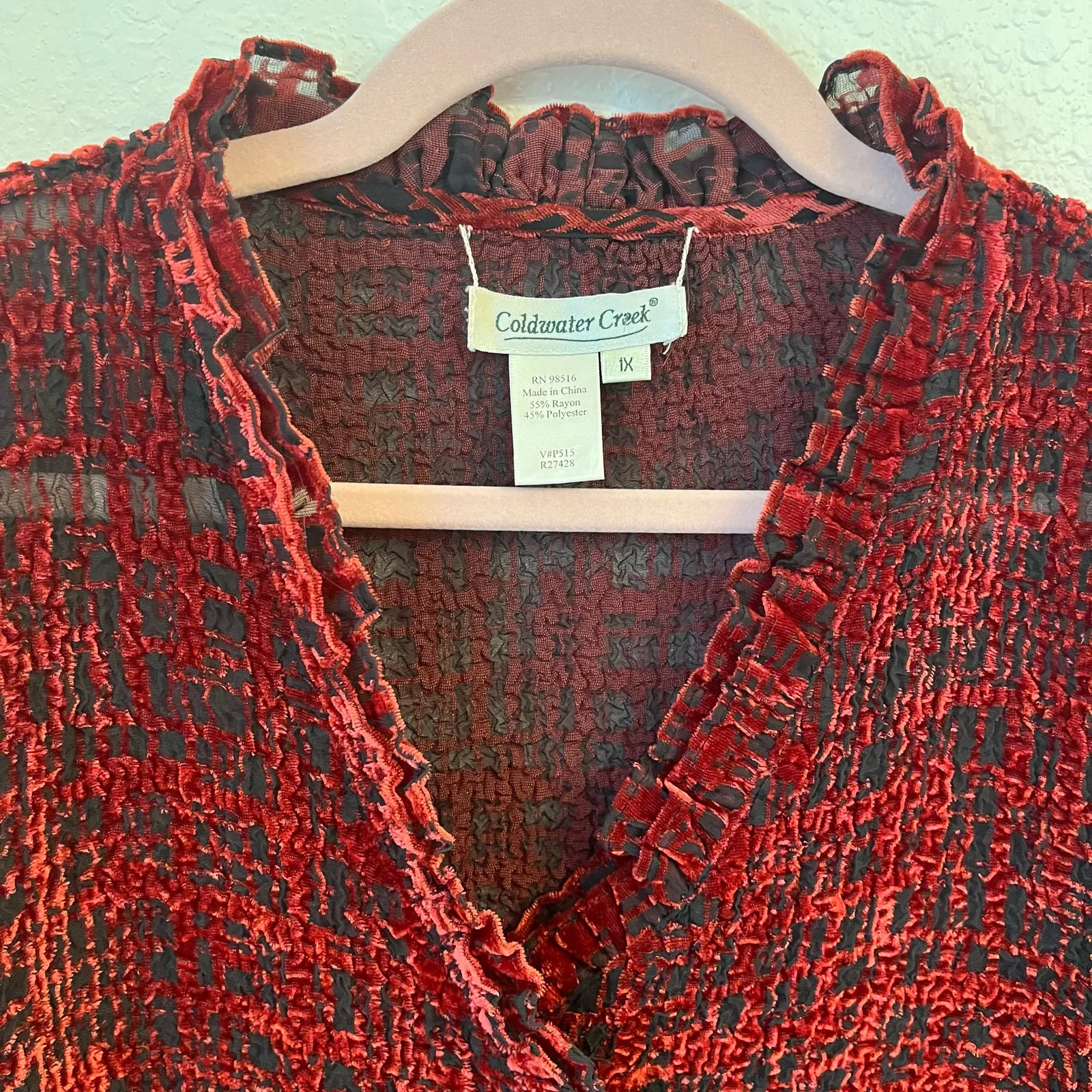 Coldwater Creek Velvet Burnout Cardigan 1X Deep Red Ruffle Trim Whimsigoth Sheer - Image 3