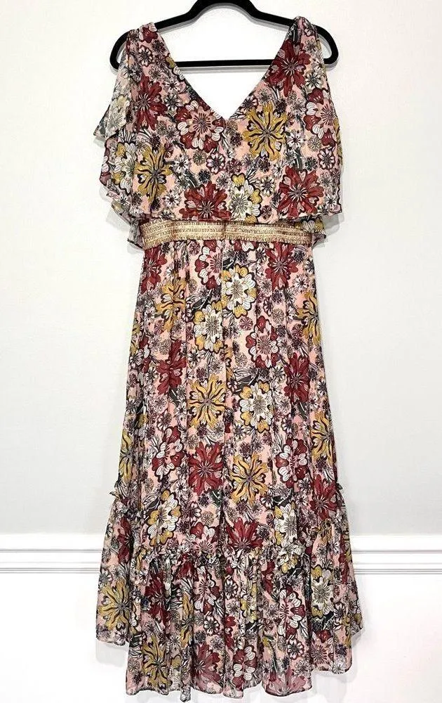 Taylor Pink Floral Flutter Sleeve High Low Midi Dress Size 4 Gold - Image 5