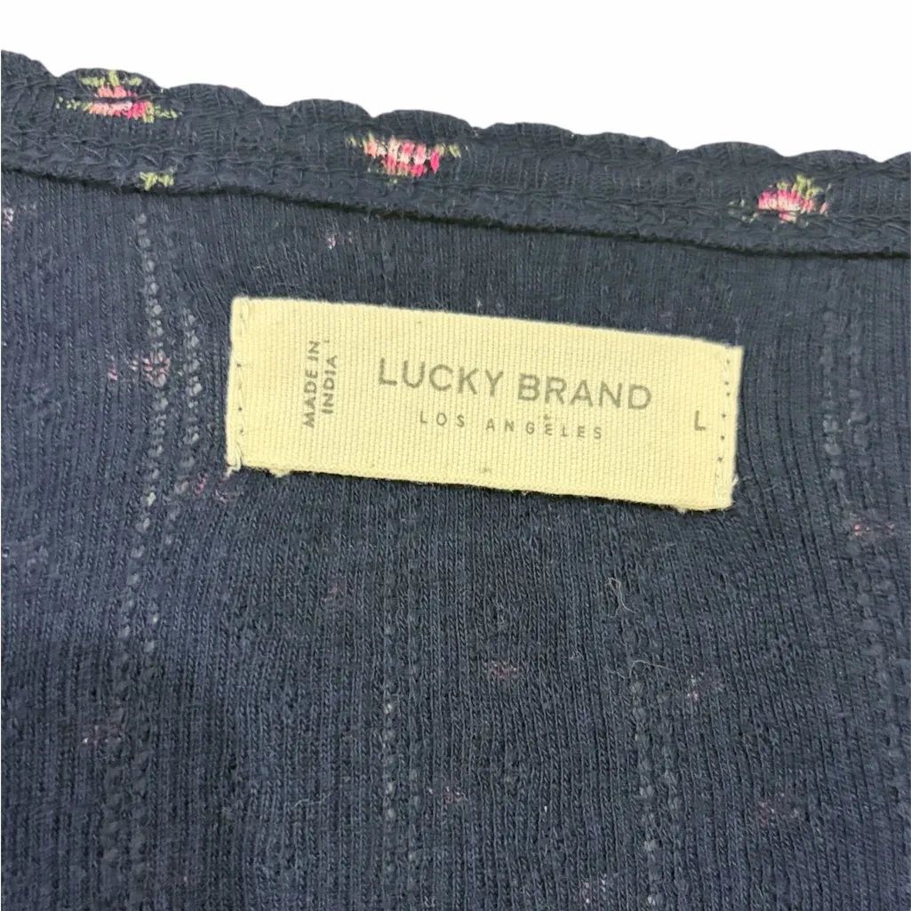 NWT Lucky Brand Dainty Rose Print Faux Button-Down Navy Shirt Large Twee Preppy - Image 7