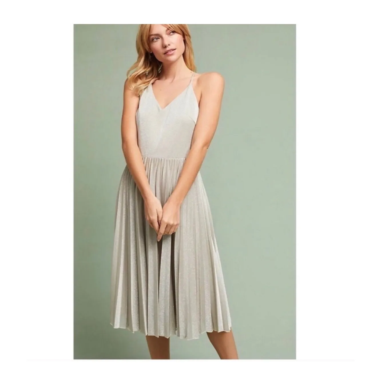 Anthropologie Elevenses Silver Lunar Midi Dress Size 0 Pleated Metallic Aline - Image 3
