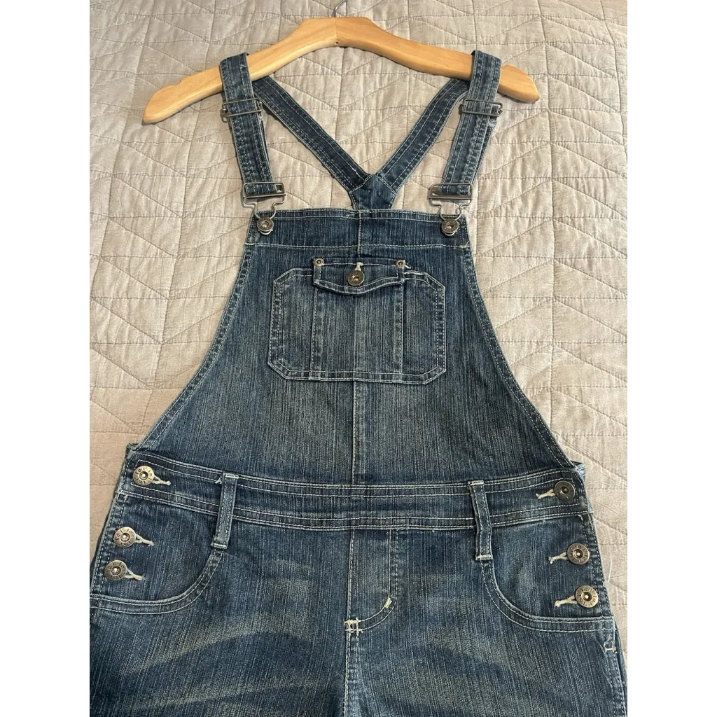 LEI Overall Shorts Juniors Size 3 Blue Denim Jean Overalls Shoulder Buckle NEW - Image 2