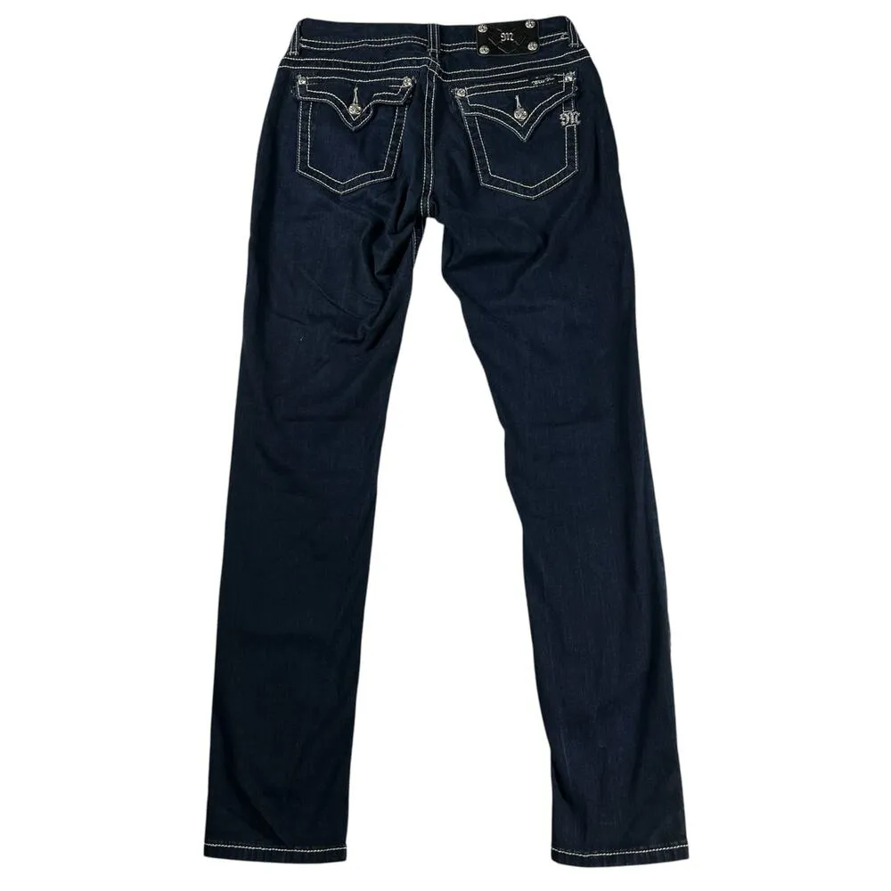 Miss Me Skinny Jeans Dark Wash Embellished Flap Pockets Thick Stitching Size 30 - Image 5