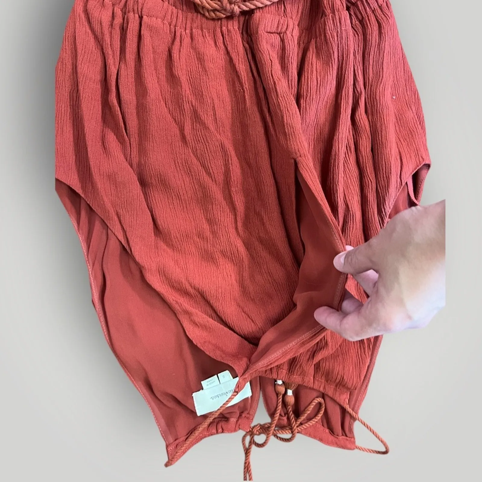 Elevenses Anthropologie Halter Jumpsuit S Rust Crinkle Tassel Tie Waist Cuffed - Image 7