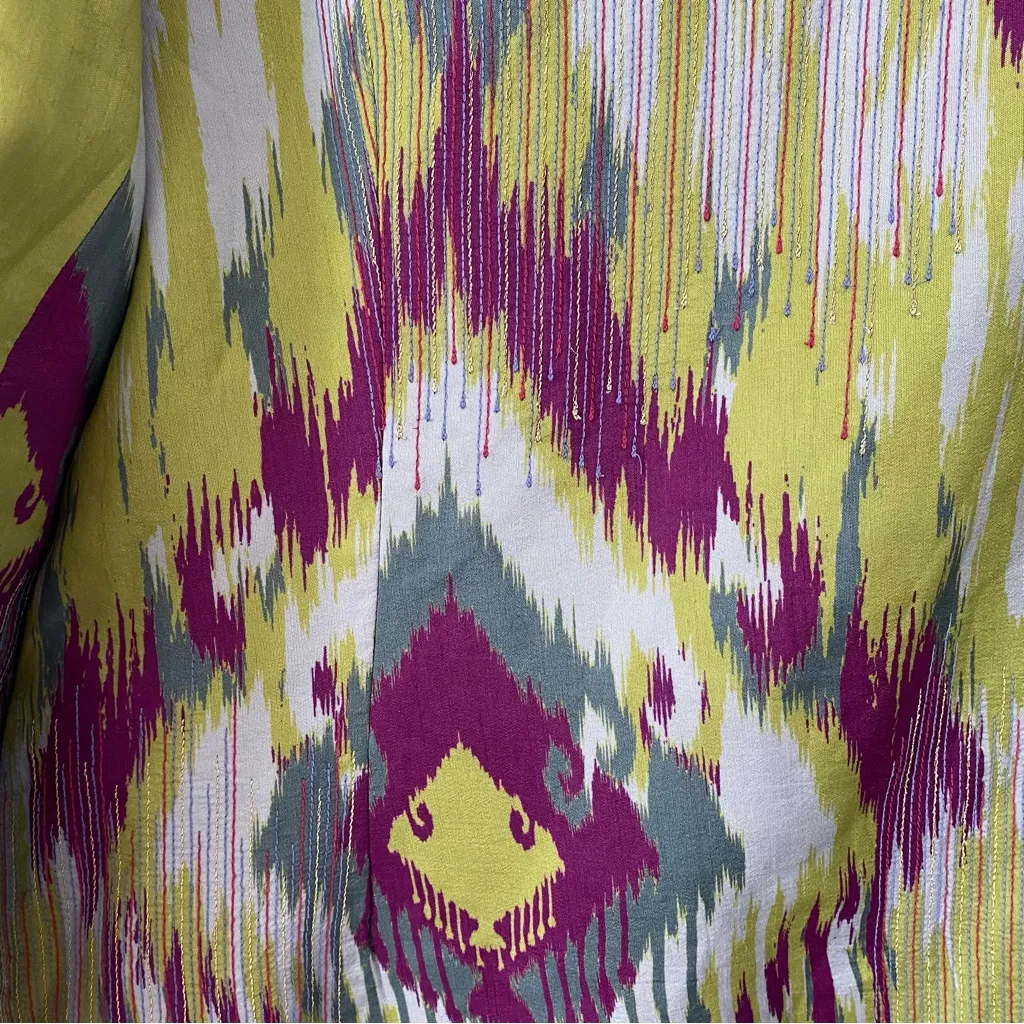 Saundh NWOTS Purple Green Ikat Lapel Collar Jade Long Jacket Duster size large - Image 8