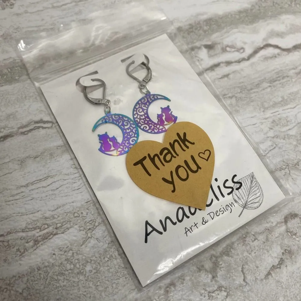 Anadeliss Handmade Crescent Moon Cats Rainbow Steel Etched Earrings Halloween - Image 8