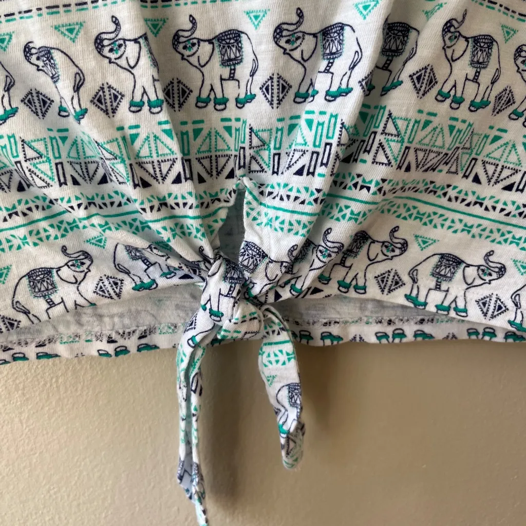 Talbots Sz XS Short Sleeve Blouse Pullover Blue Elephants Knot Tie Front Shirt - Image 3