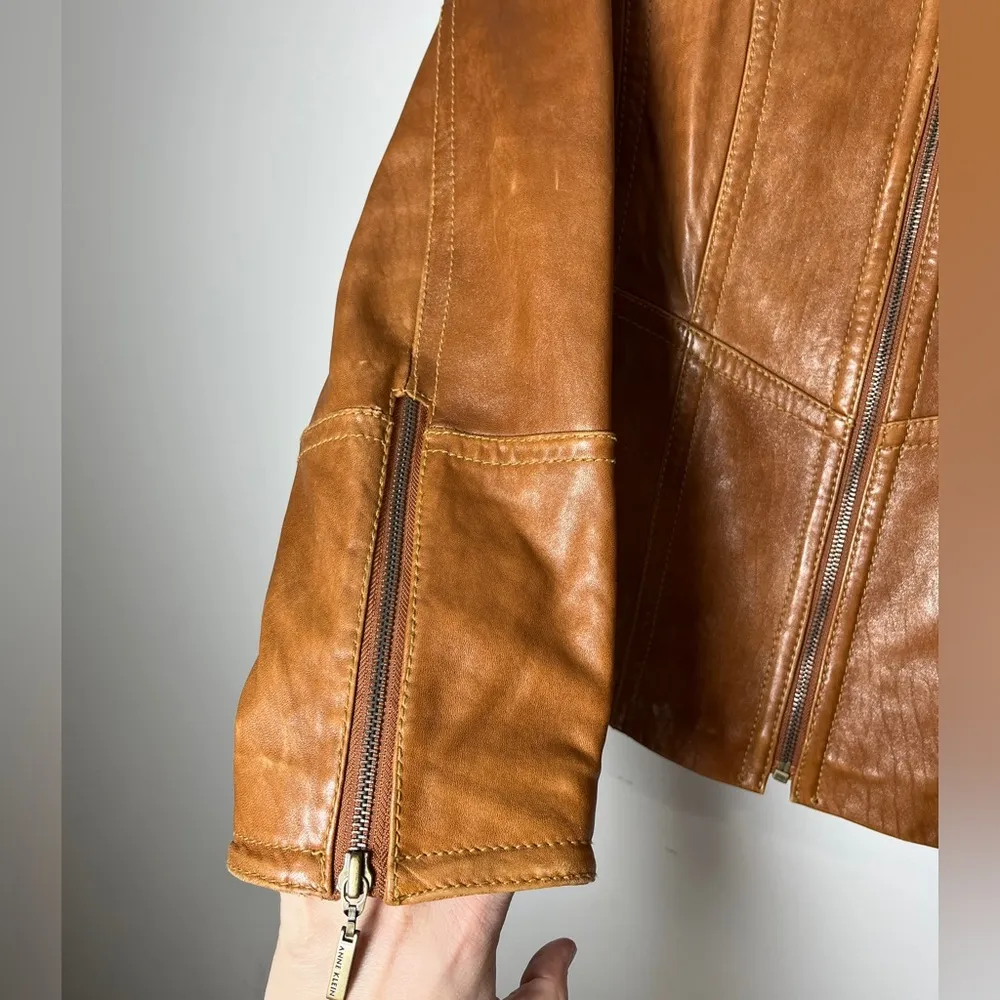 Vintage Anne Klein Longer Line Camel Faux Belted Leather Jacket Sz M - Image 4