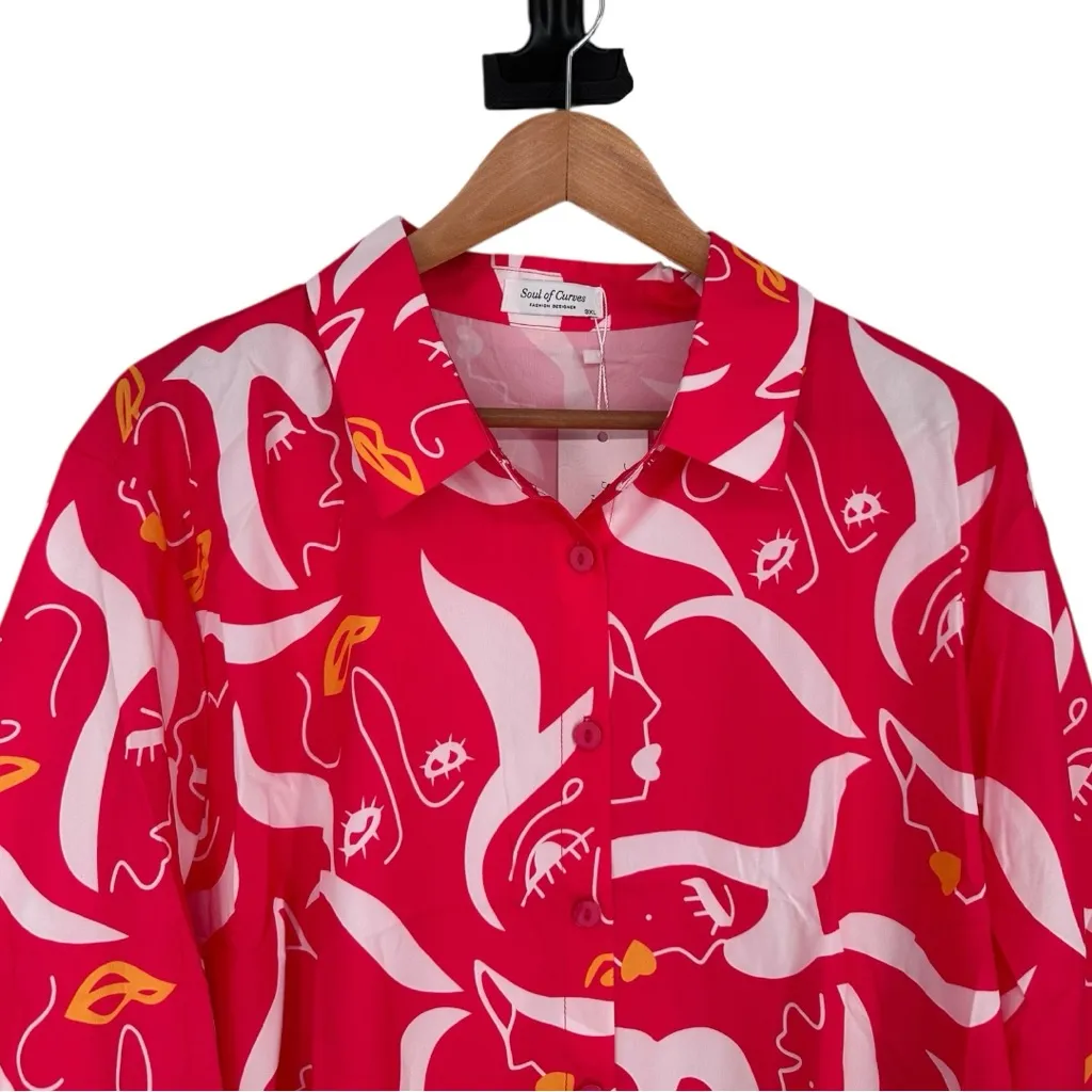 Soul of Curves Abstract Print Neon Red size 3X Button Down Short Sleeves Shirt - Image 2