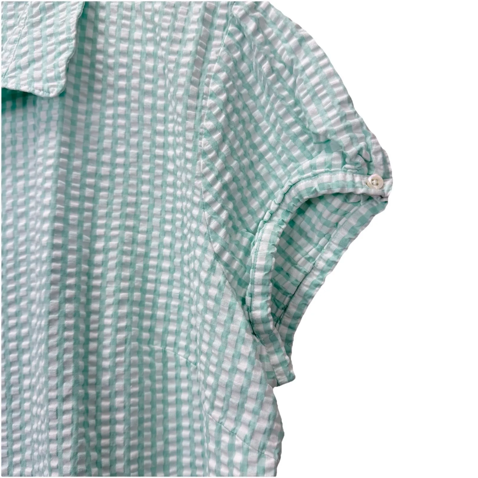 LL Bean Aqua Blue Seersucker Button Up Cap Sleeve Shirt Size XL - Image 5