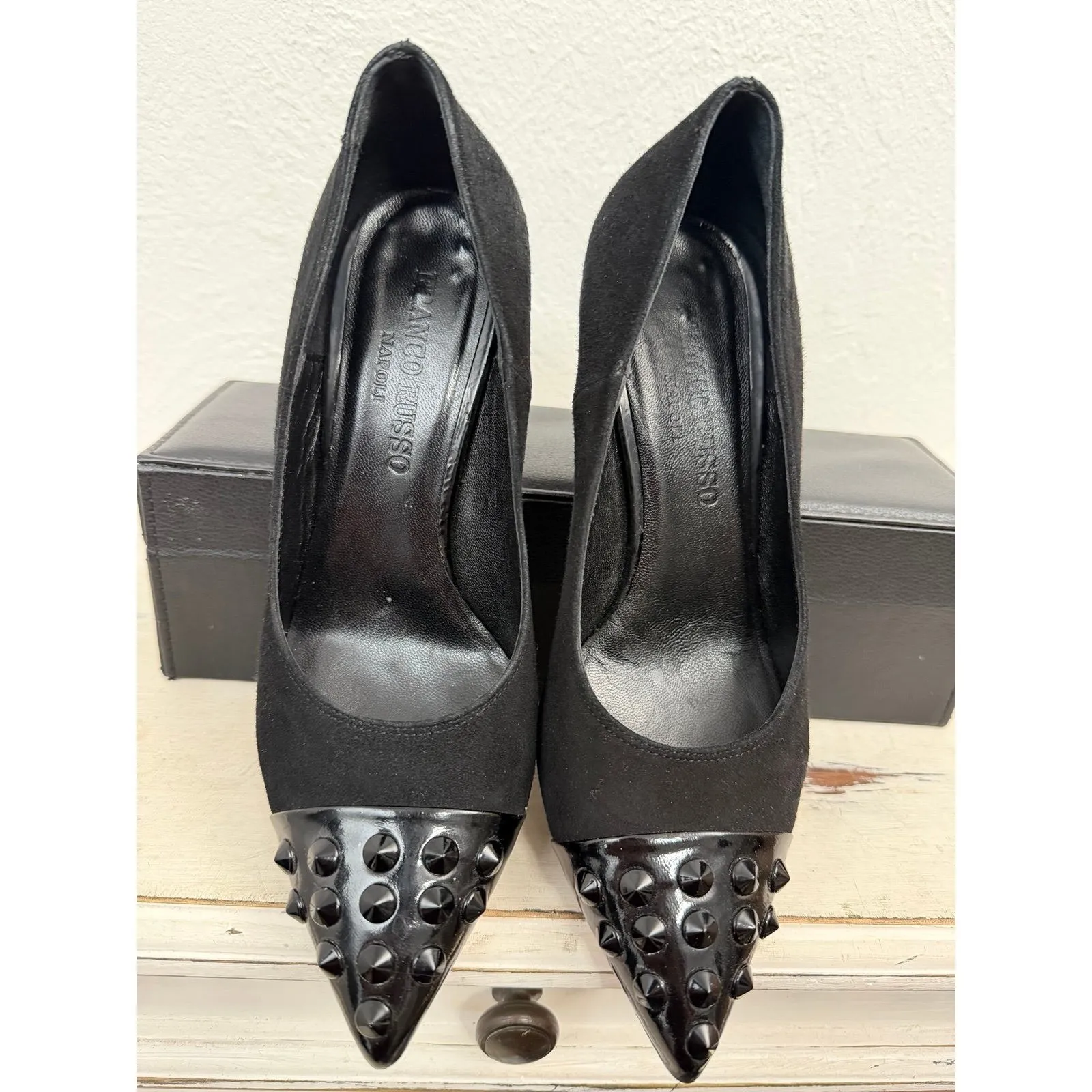 Franco Russo Napoli Black Suede Studded Toe Heels Size 36 EU / US 6Made in Italy - Image 3