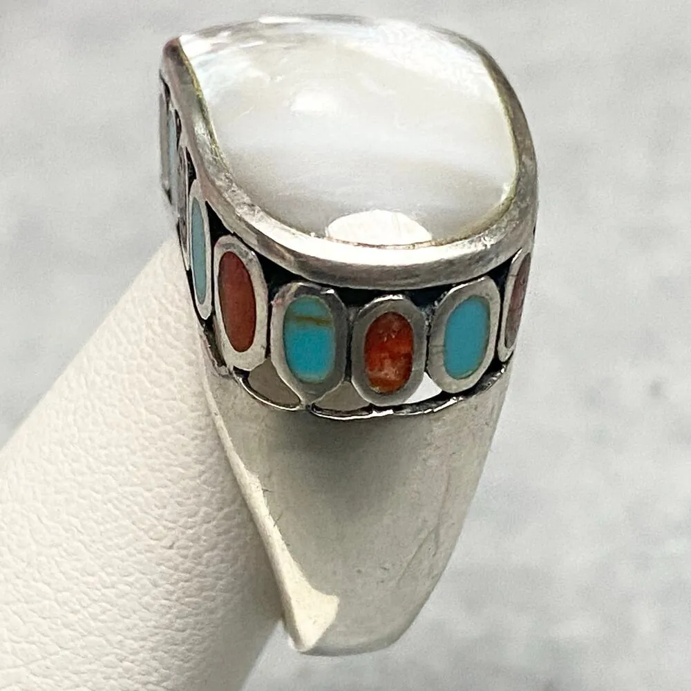 Designer CFJ Thai Sterling 925 MOP Western Band Statement Cocktail Ring Sz 9.75 Silver - Image 3