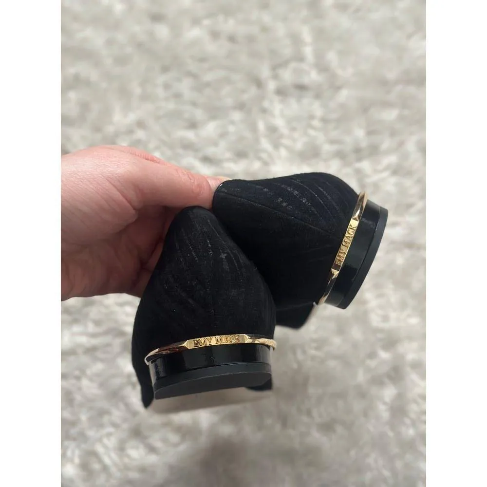 EUC Emy Mack Size 7.5 Solaris Black Suede Leather Zebra Loafer Gold Heel - Image 5
