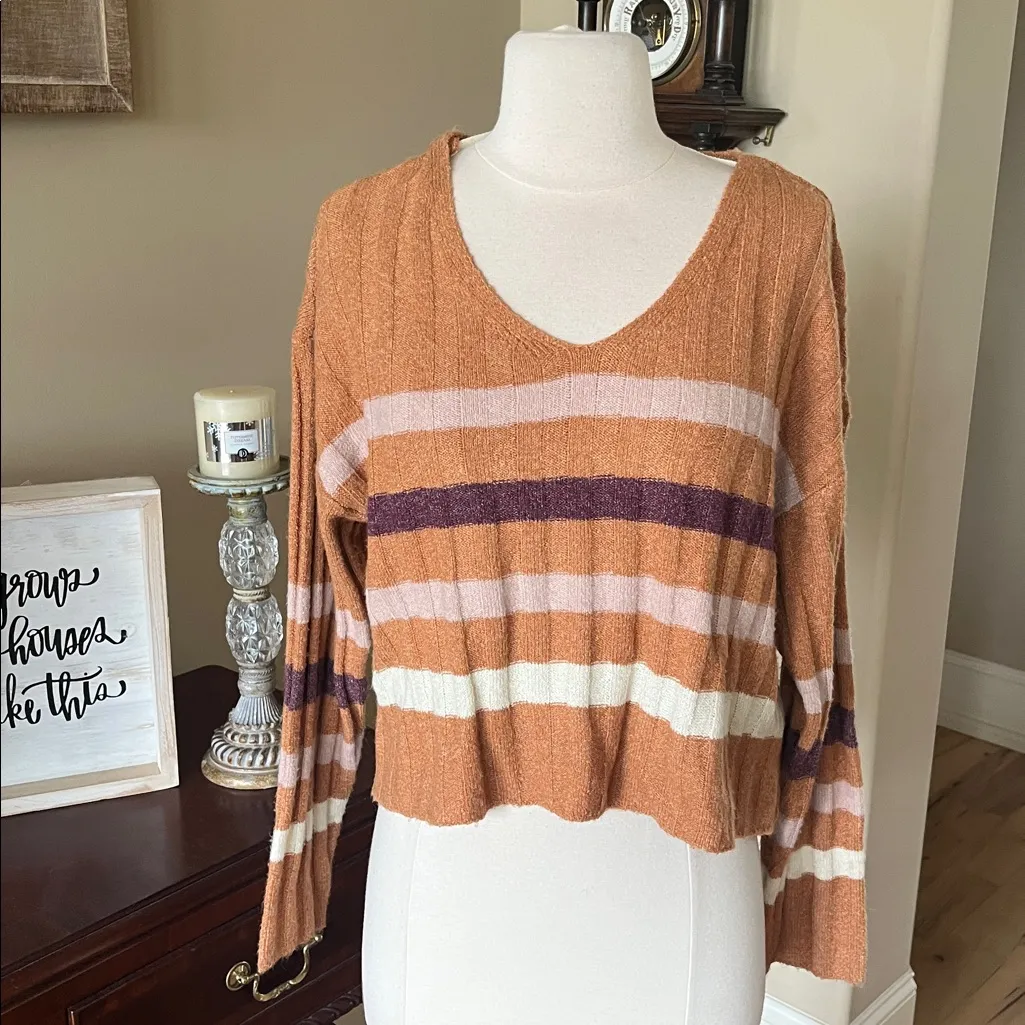 70s Vibe True Craft V-Neck Sweater - Brown and Cream Stripes Cropped New - Image 15