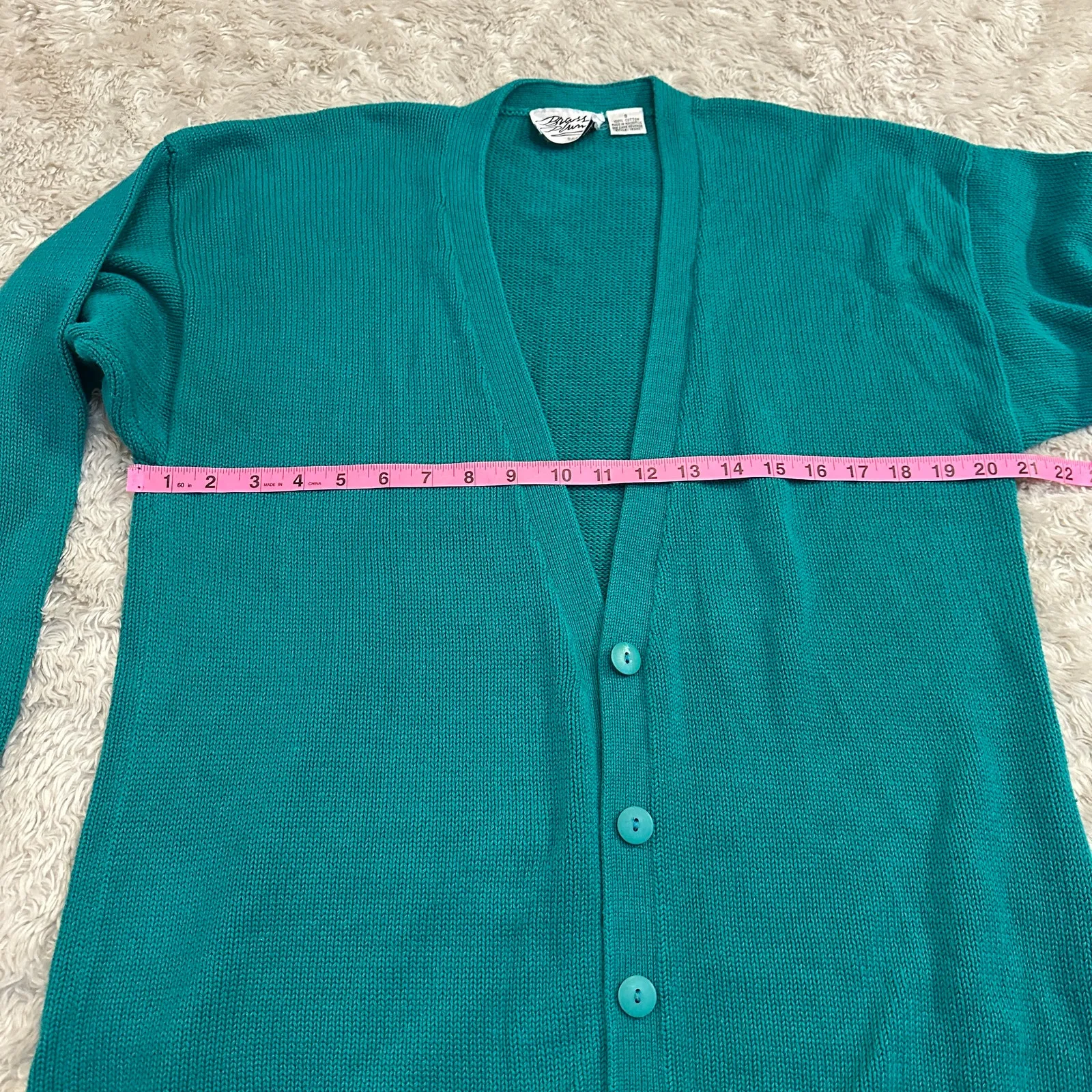 Vintage 90s Nordstrom 100% Cotton Knit Teal Button Up Vneck Cardigan Drop Sleeve - Image 5