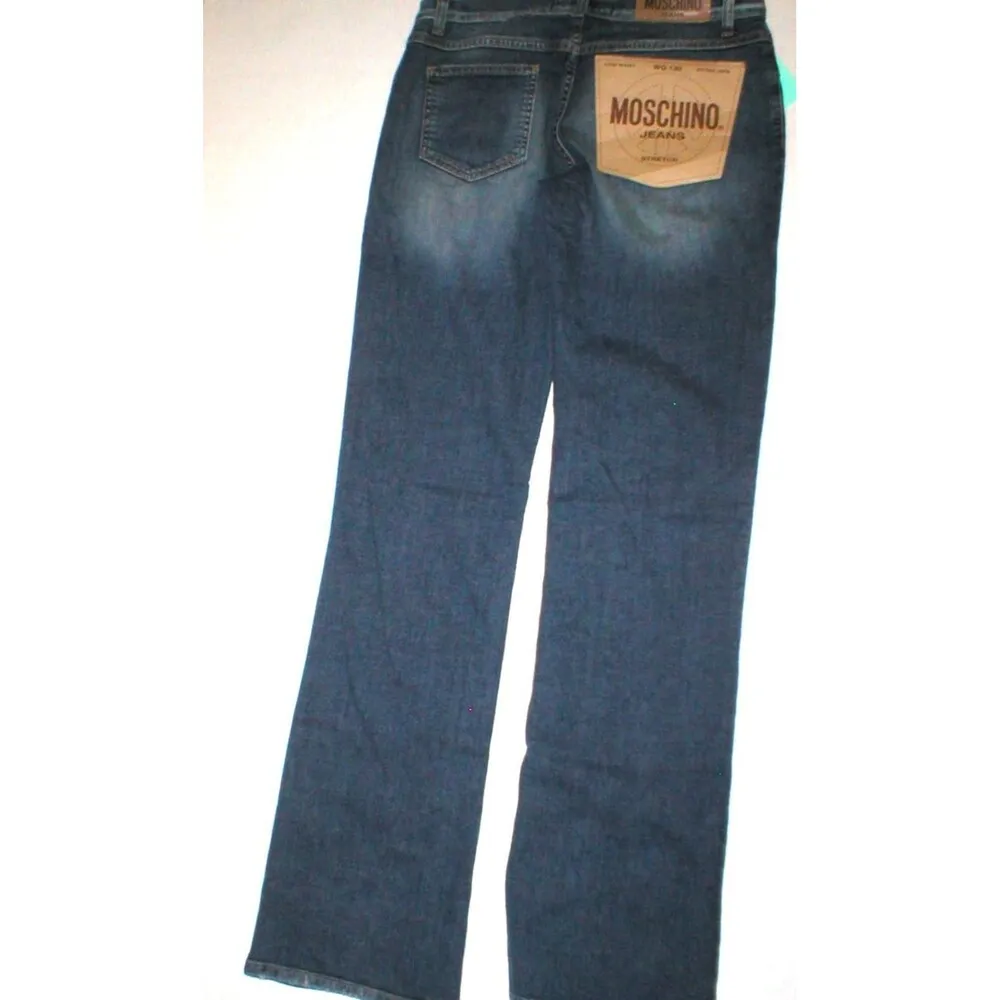 New Womens 30 Designer Moschino Blue Dark Jeans Logo Stretch NWT Distressed Tall - Image 6