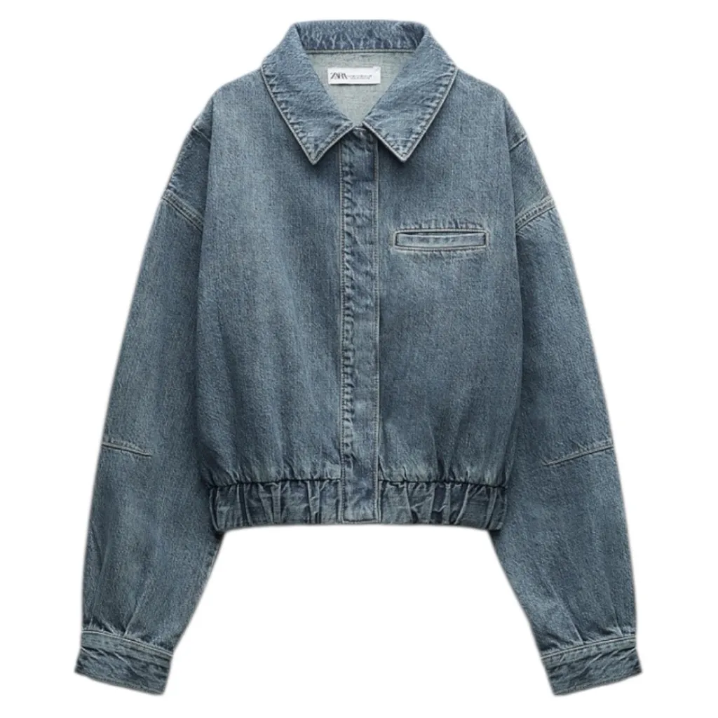 ZARA Cropped Denim Jacket Medium Wash Size XS Elastic Hem Bomber Style - Image 5
