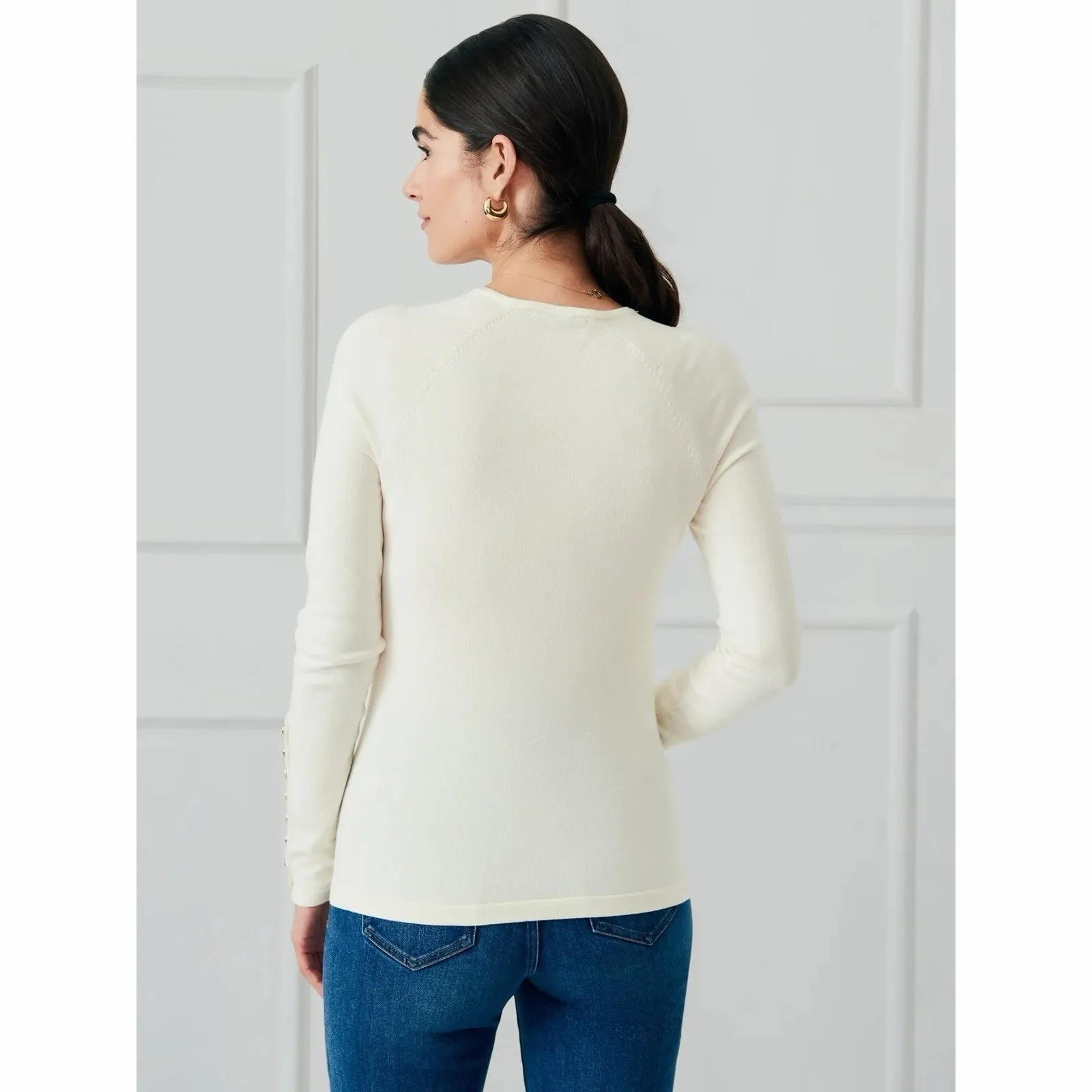 J. McLaughlin Jamey Crew Neck Button Trim Raglan Sleeve Egret Cream Sweater - Image 2